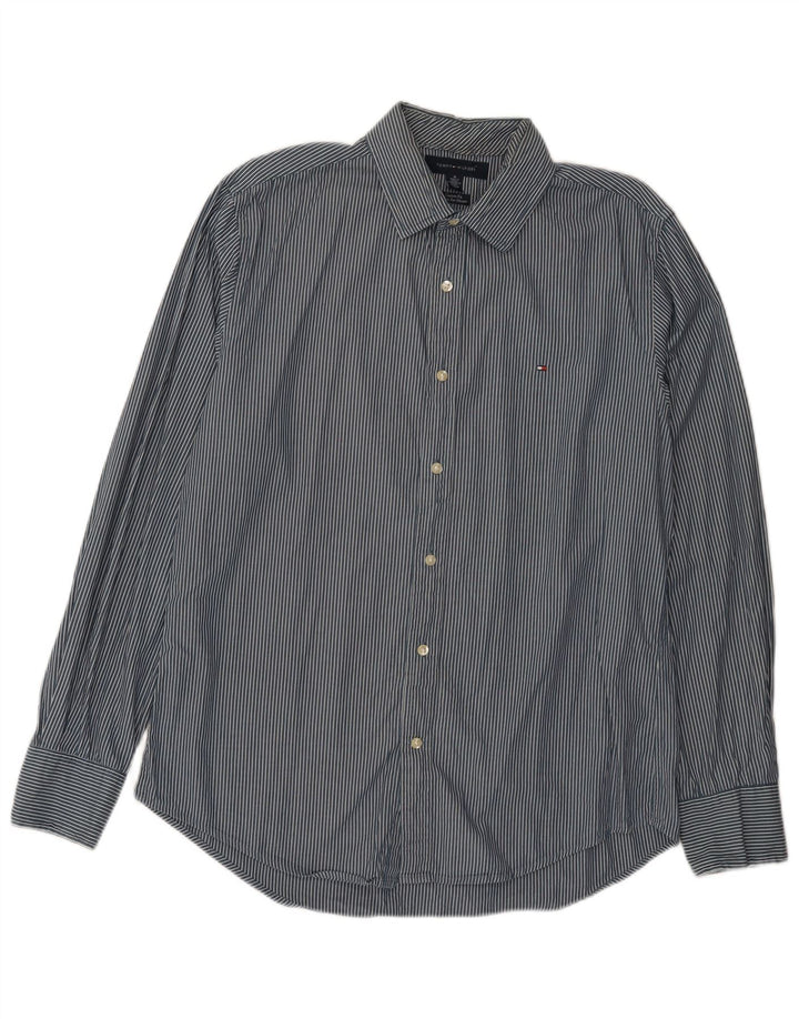 Tommy Hilfiger Mens Custom Fit Shirt Medium Navy Blue Pinstripe Cotton