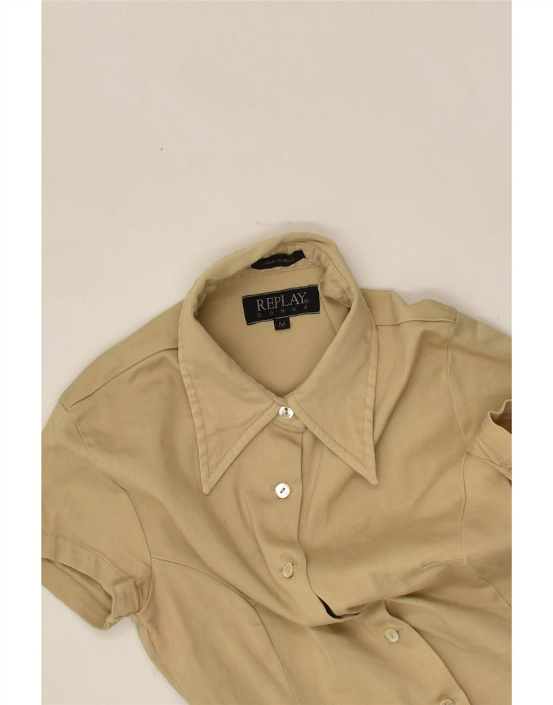 REPLAY Womens Short Sleeve Shirt UK 12 Medium Khaki Cotton | Vintage Replay | Thrift | Second-Hand Replay | Used Clothing | Messina Hembry 