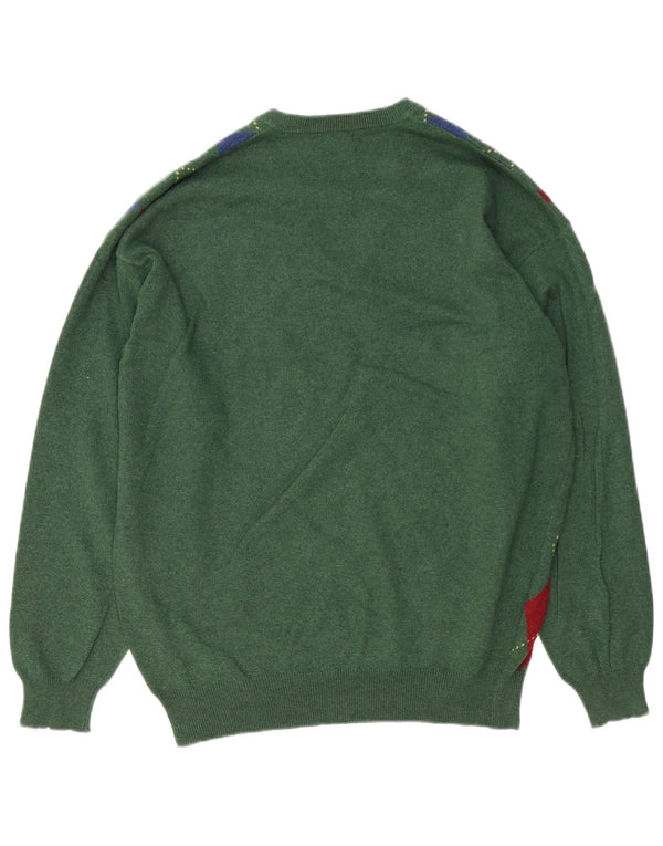 BENETTON Mens V-Neck Jumper Sweater Medium Green Argyle/Diamond Wool