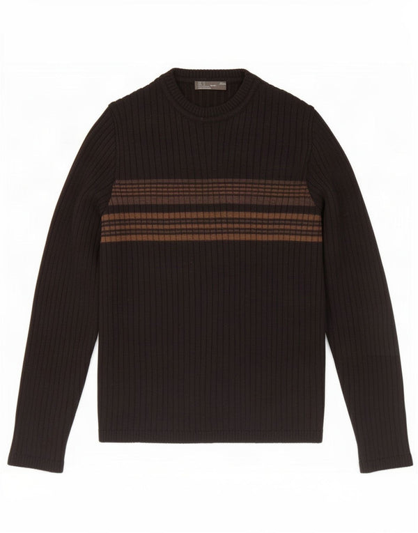 Zara Womens Crew Neck Jumper Sweater UK 12 Medium Black Striped Wool