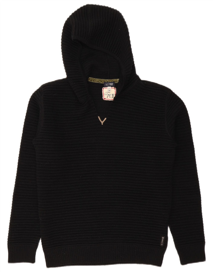 Armani Jeans Womens Hooded Jumper Sweater UK 14 Medium Black Wool
