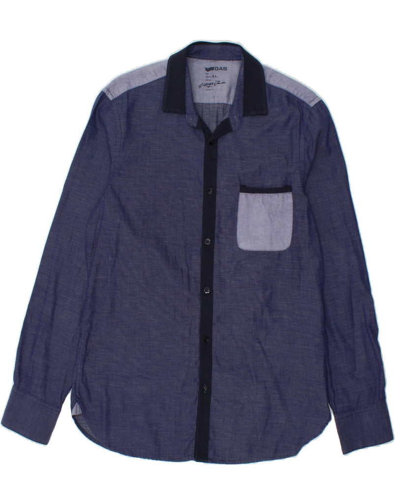 GAS Mens Shirt Small Blue Colourblock Cotton | Vintage Gas | Thrift | Second-Hand Gas | Used Clothing | Messina Hembry 