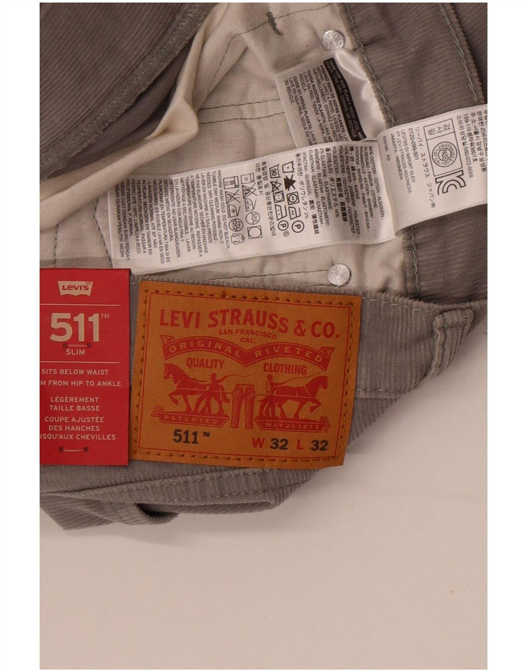 Levi's Mens 511 Slim Corduroy Trousers W32 L32 Grey Cotton