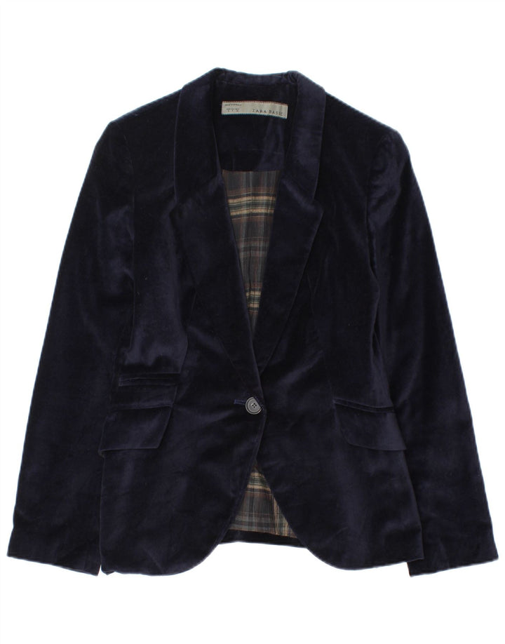 Zara Womens 1 Button Velvet Blazer Jacket UK 8 Small Navy Blue Cotton