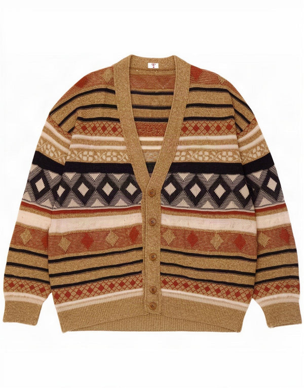 Vintage Mens Cardigan Sweater Large Multicoloured Geometric Linen