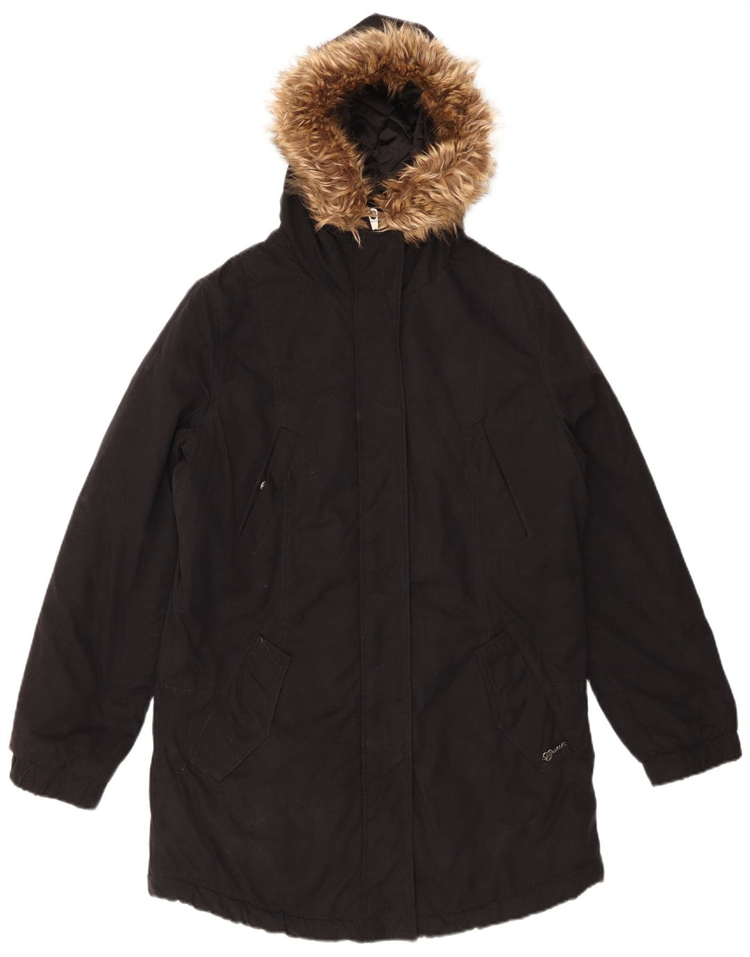 GUESS Womens Oversized Hooded Parka Jacket UK 8 Small Black Cotton
