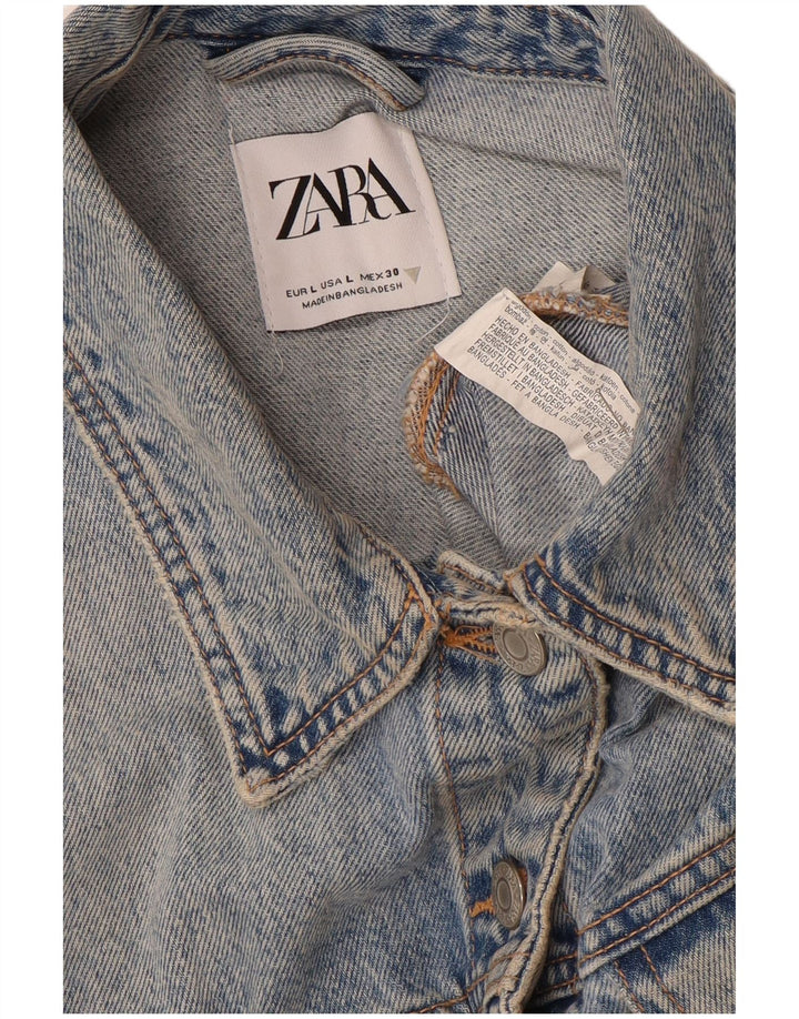Zara Womens Crop Denim Jacket UK 16 Large Blue Cotton