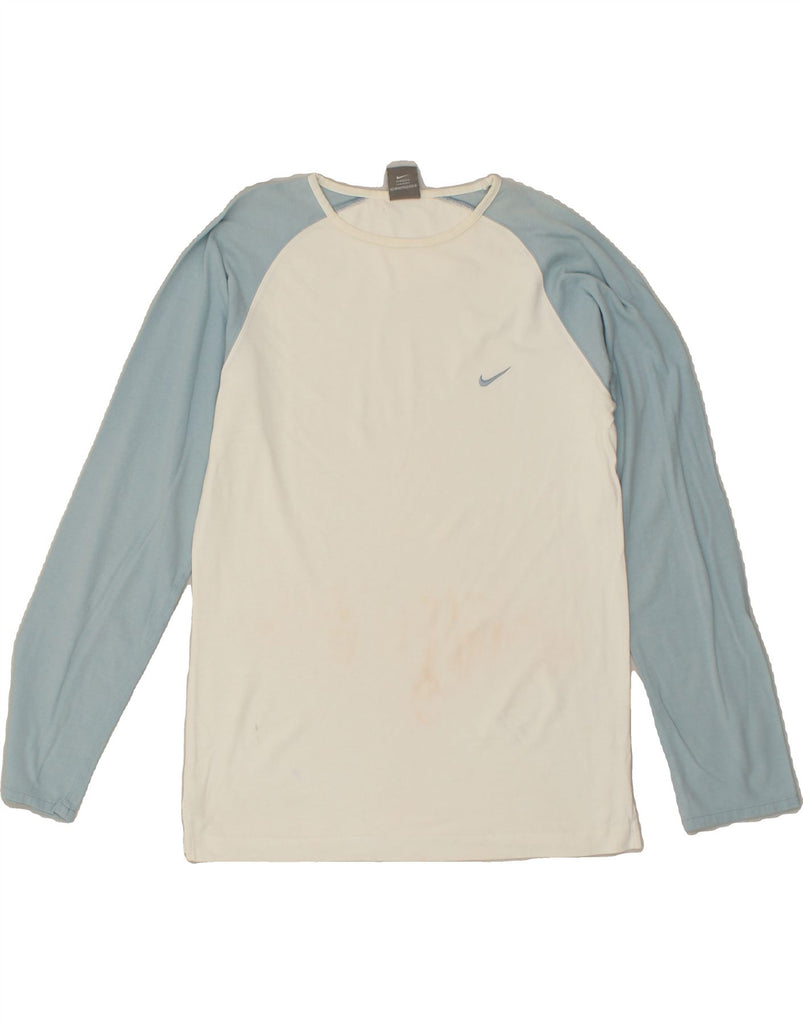 NIKE Womens Top Long Sleeve UK 14 Medium White Colourblock Cotton | Vintage Nike | Thrift | Second-Hand Nike | Used Clothing | Messina Hembry 
