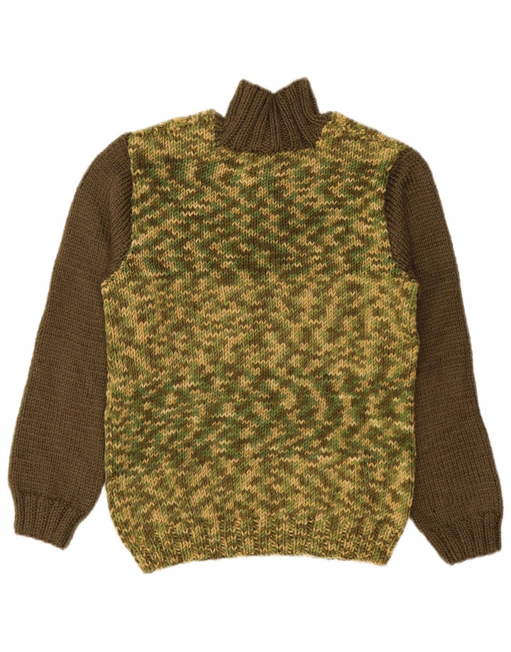 Vintage Womens Button Neck Jumper Sweater UK 14 Medium Khaki Colourblock