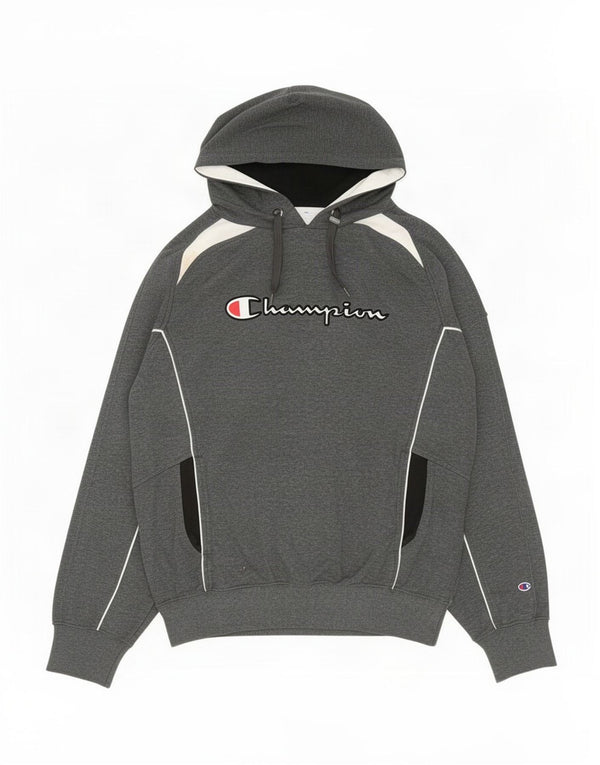 Champion Mens Graphic Hoodie Jumper Medium Grey Colourblock Cotton