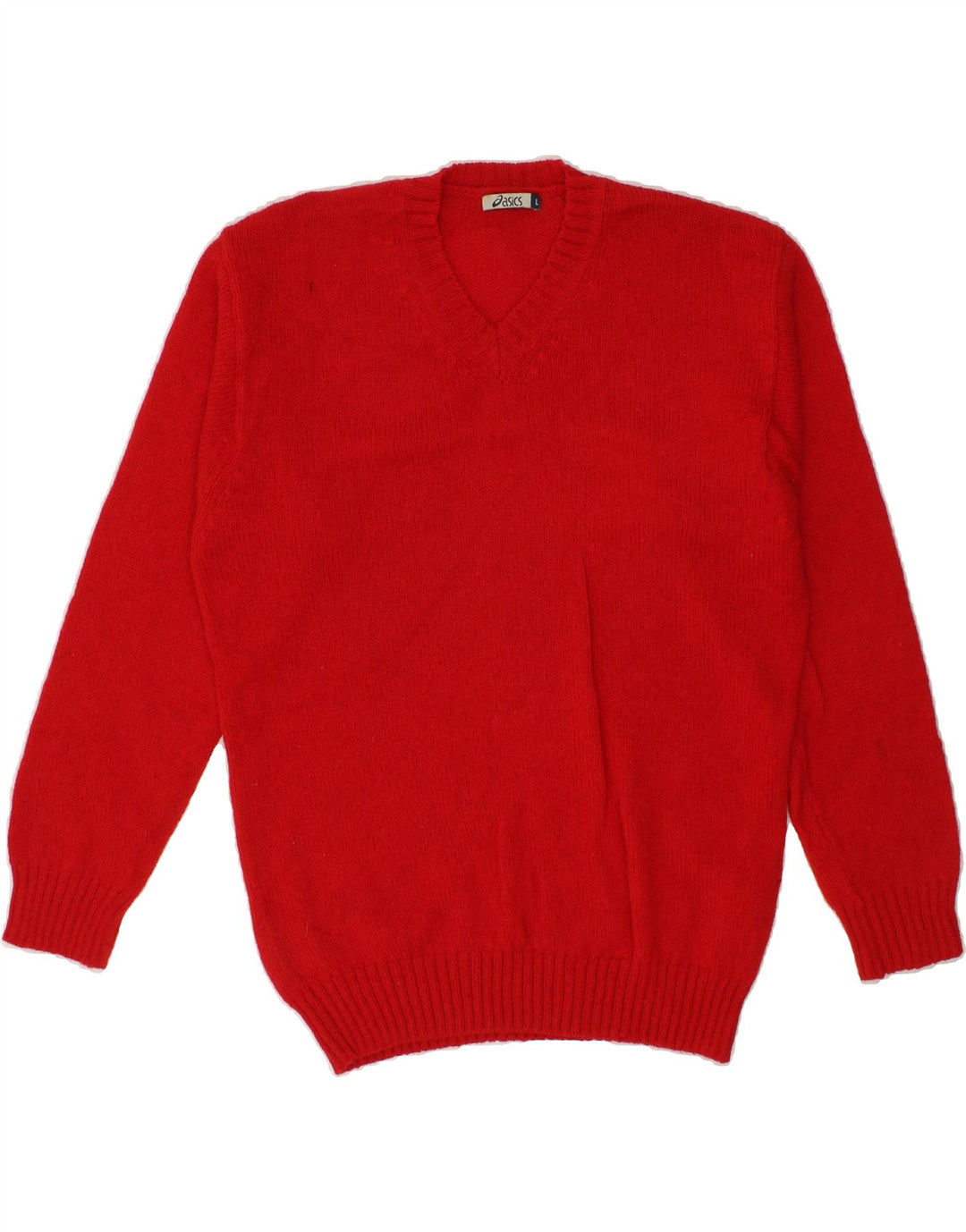 ASICS Mens V-Neck Jumper Sweater Large Red Wool Vintage Asics and Second-Hand Asics from Messina Hembry 