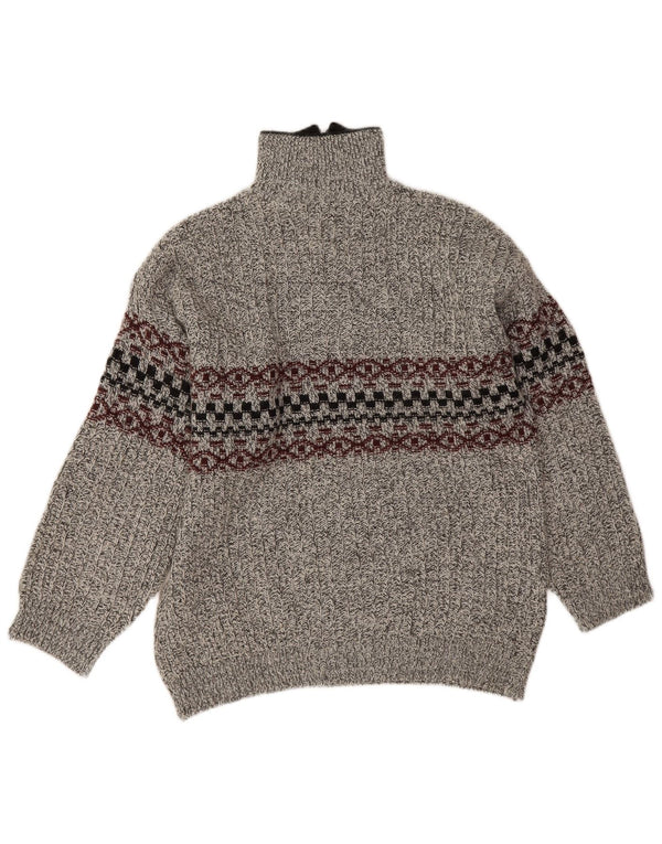 Vintage Mens Zip Neck Jumper Sweater Large Grey Fair Isle Acrylic