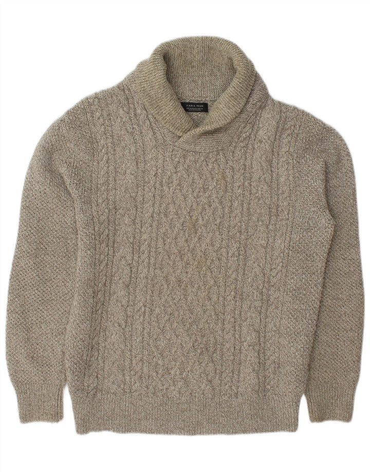 Zara Mens Shawl Neck Jumper Sweater Medium Beige Flecked Acrylic
