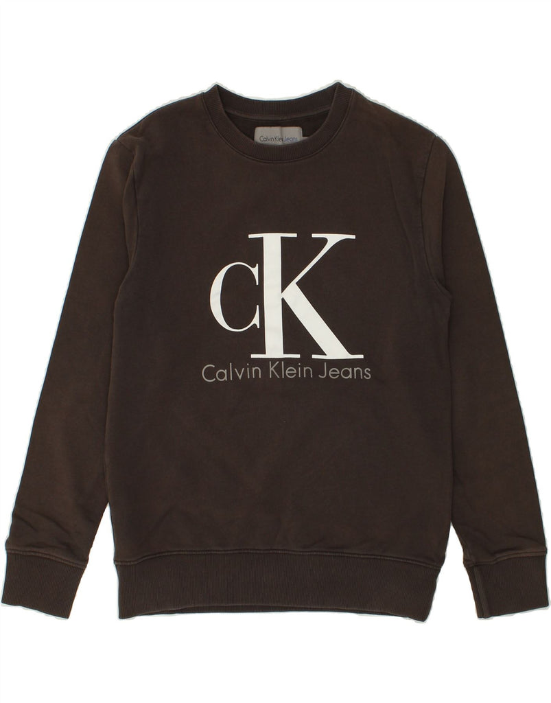 CALVIN KLEIN Womens Graphic Sweatshirt Jumper UK 10 Small Brown Cotton | Vintage Calvin Klein | Thrift | Second-Hand Calvin Klein | Used Clothing | Messina Hembry 