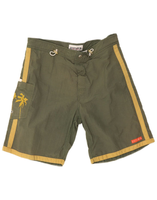 Replay Mens Graphic Swimming Shorts Medium Green Colourblock Polyamide