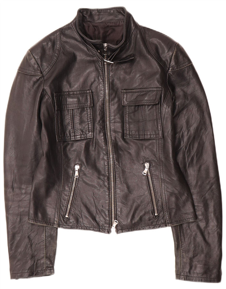 Vintage Womens Crop Leather Racer Jacket UK 10 Small Black Leather