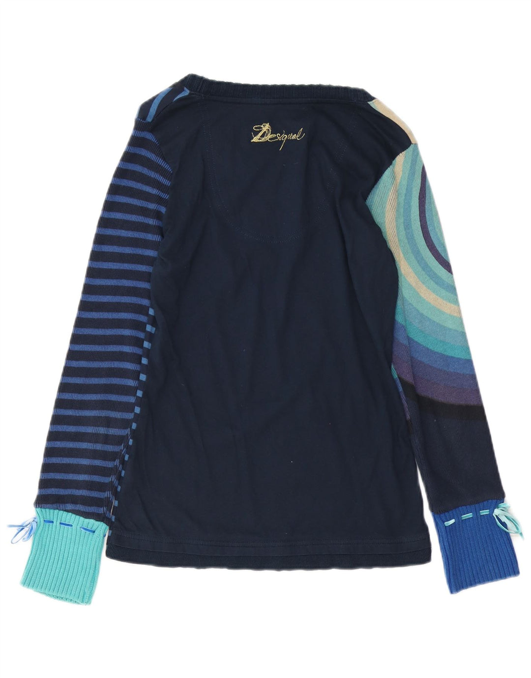 DESIGUAL Womens Graphic Top Long Sleeve UK 12 Medium Blue Striped Cotton