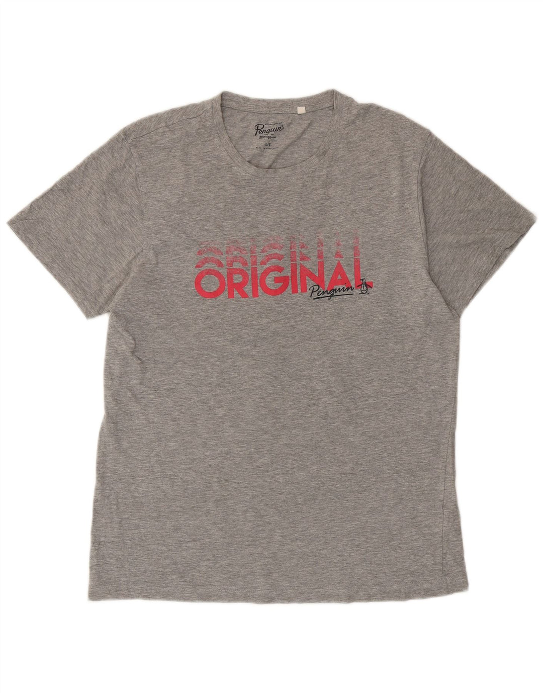 Penguin Mens Graphic T-Shirt Top Large Grey Flecked Cotton