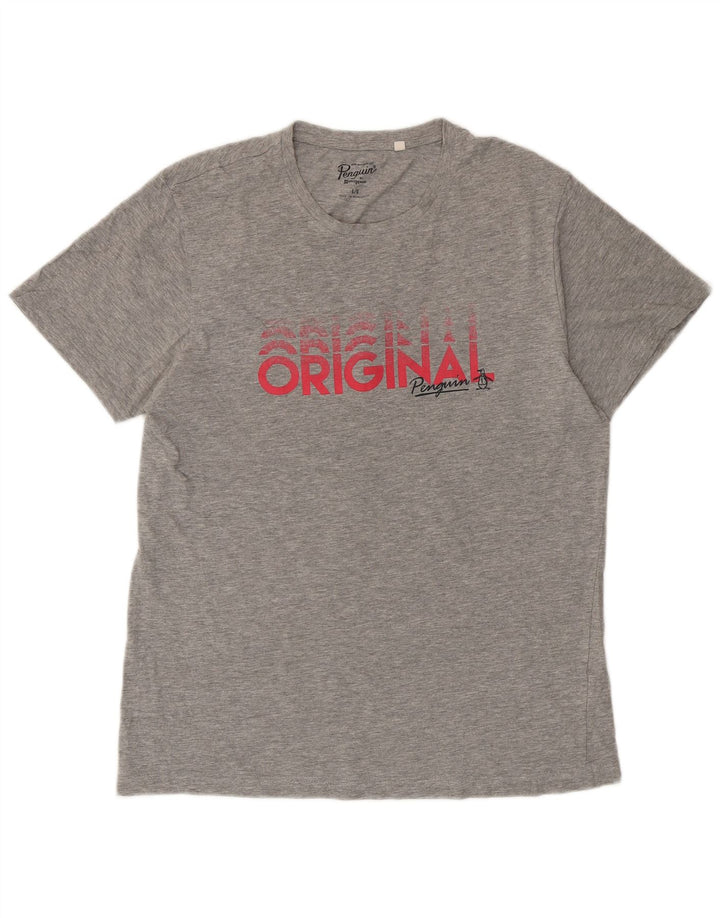 Penguin Mens Graphic T-Shirt Top Large Grey Flecked Cotton