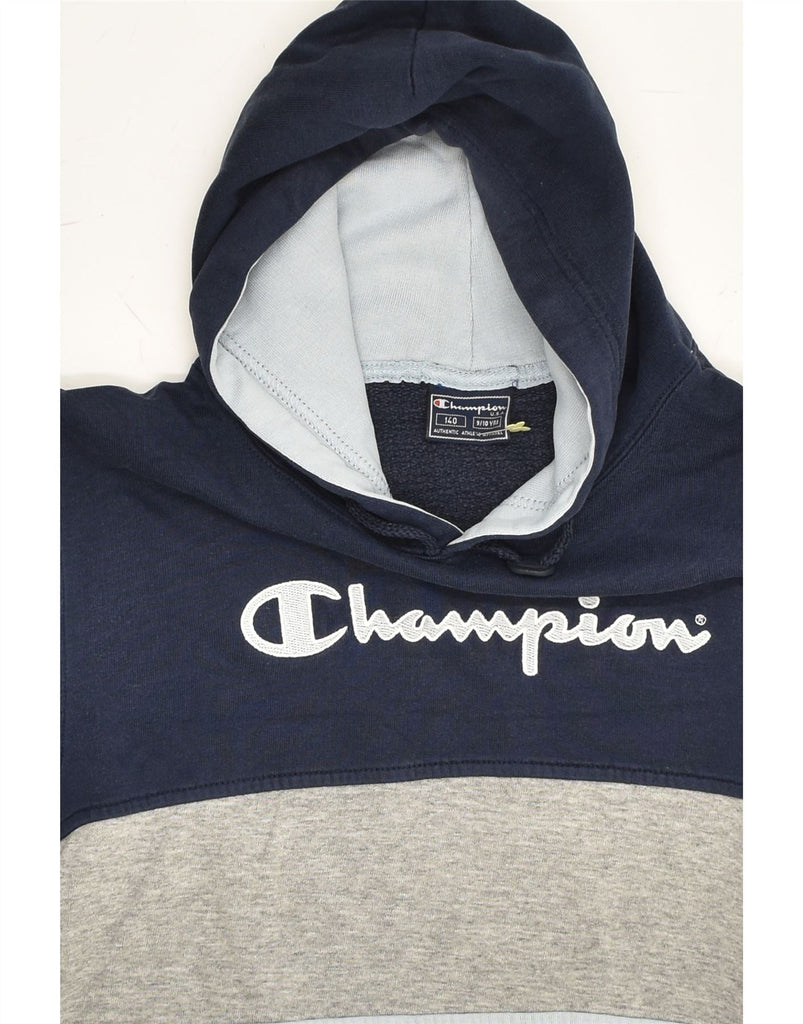 CHAMPION Girls Graphic Hoodie Jumper 9-10 Years Navy Blue Colourblock | Vintage Champion | Thrift | Second-Hand Champion | Used Clothing | Messina Hembry 