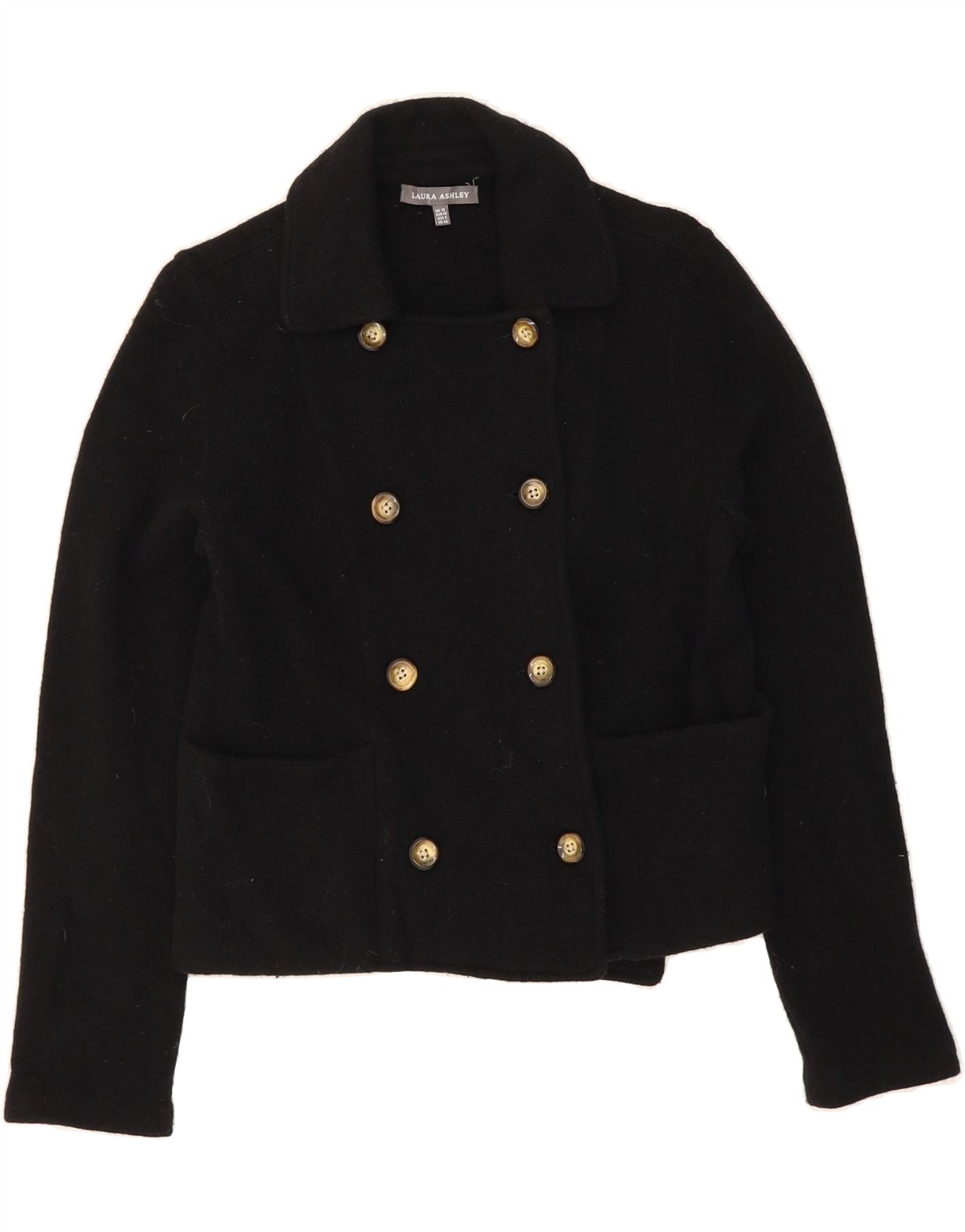 LAURA ASHLEY Womens Pea Coat UK 12 Medium Black Wool Vintage