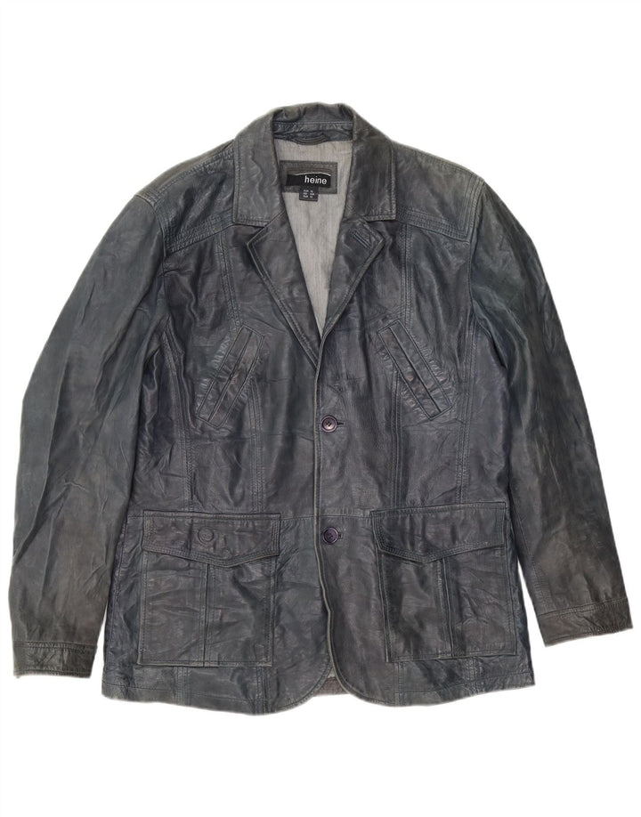 Heine Mens 2 Button Leather Blazer Jacket UK 42 XL Navy Blue Leather