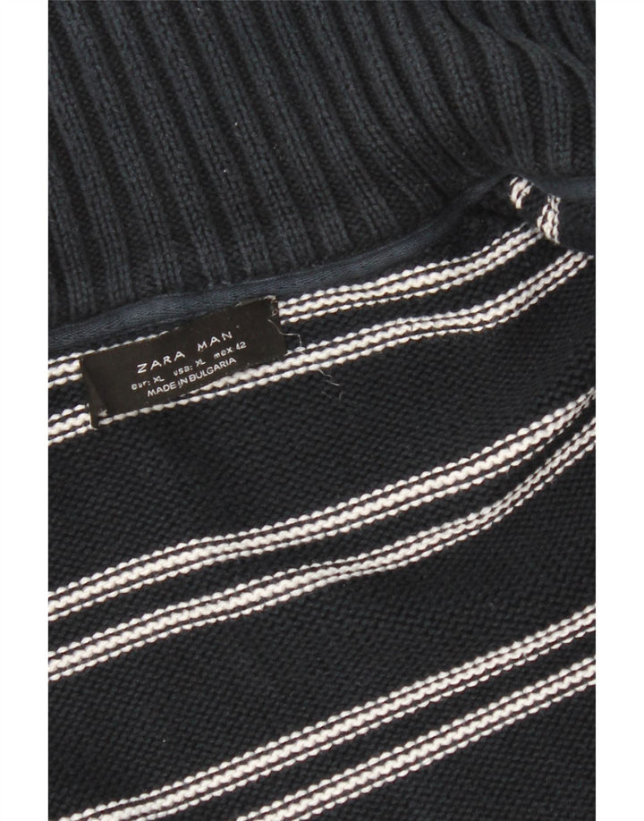 Zara Mens Cardigan Sweater XL Navy Blue Striped