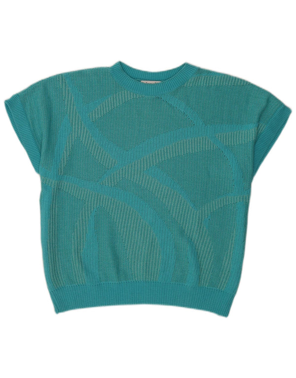 Vintage Womens Short Sleeve Knit Blouse Top IT 46 Large Turquoise Geometric