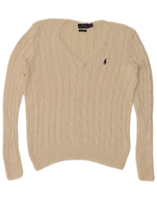 Polo Ralph Lauren Womens V-Neck Jumper Sweater UK 14 Medium Beige Cotton