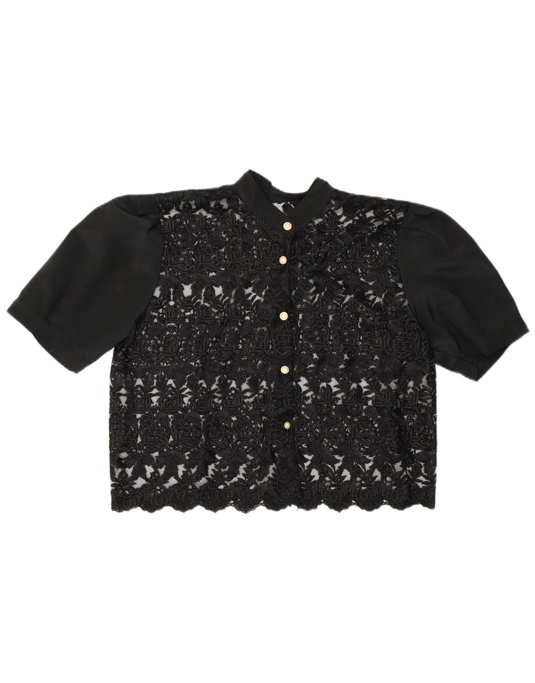 Vintage Womens Crop See Through Shirt Blouse UK 14 Medium Black Floral