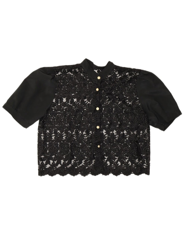 Vintage Womens Crop See Through Shirt Blouse UK 14 Medium Black Floral