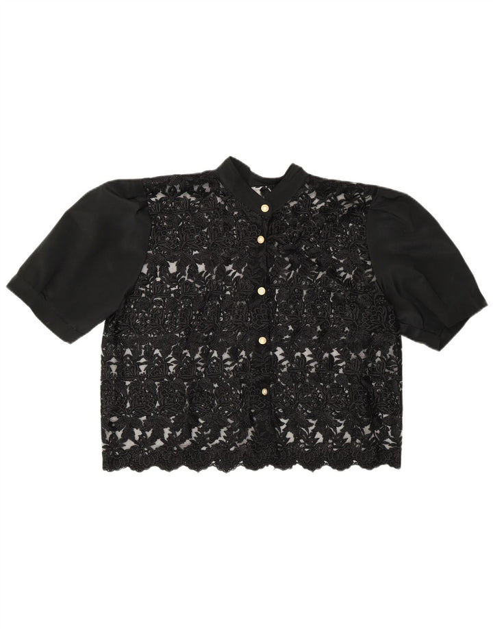 Vintage Womens Crop See Through Shirt Blouse UK 14 Medium Black Floral