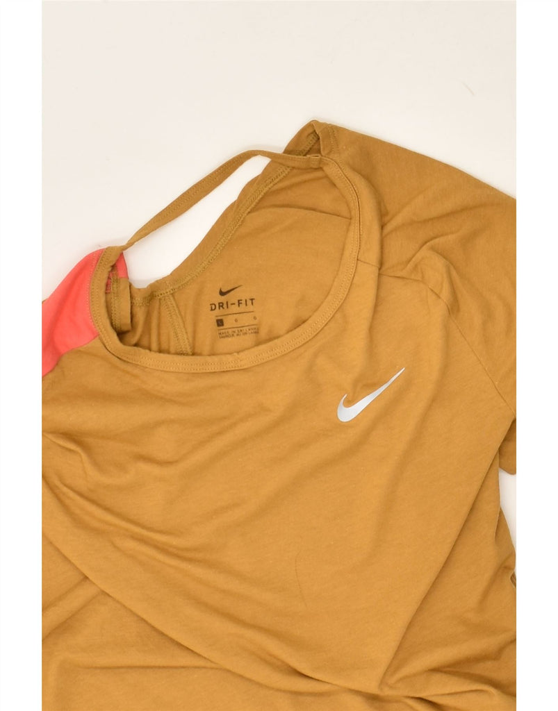 NIKE Womens Dri Fit Graphic T-Shirt Top UK 14 Large Brown Colourblock | Vintage Nike | Thrift | Second-Hand Nike | Used Clothing | Messina Hembry 