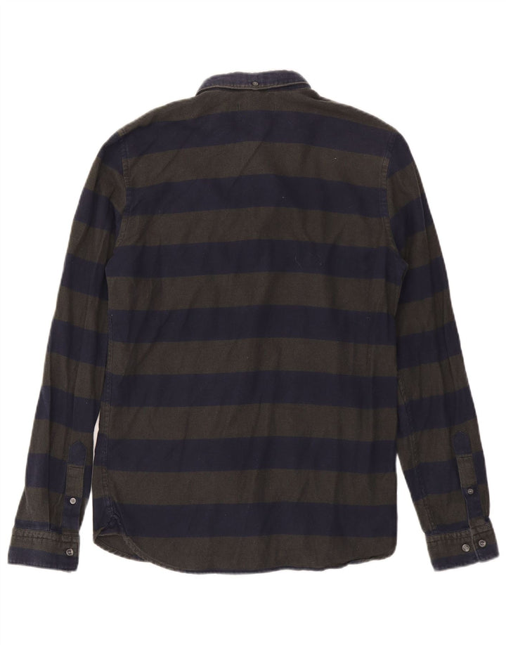 French Connection Mens Slim Flannel Shirt Small Navy Blue Striped Cotton