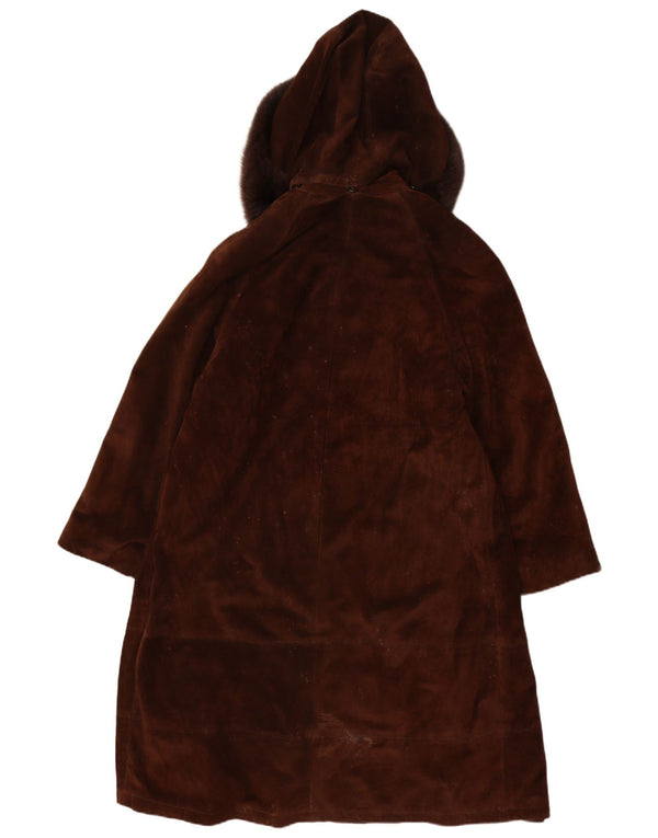 Vintage Womens Hooded Suede Overcoat UK 14 Large Brown Leather