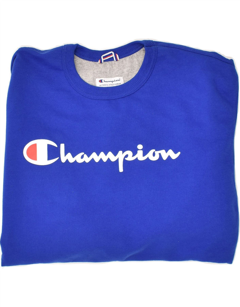 CHAMPION Mens Graphic Sweatshirt Jumper XL Blue Cotton | Vintage Champion | Thrift | Second-Hand Champion | Used Clothing | Messina Hembry 