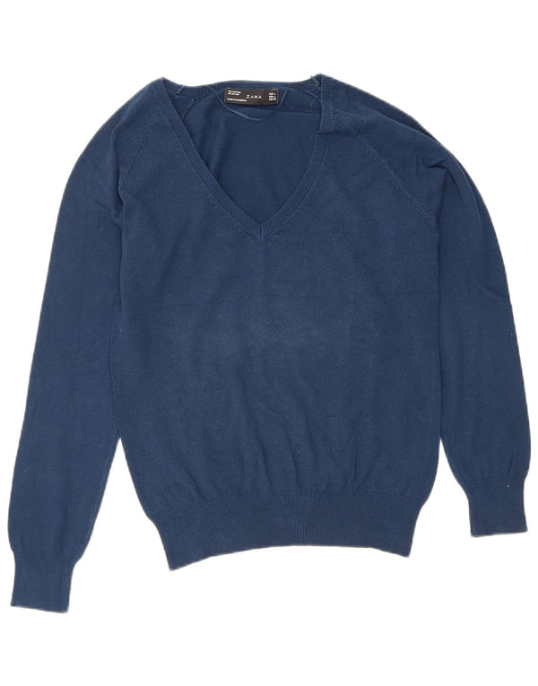Zara Womens V-Neck Jumper Sweater UK 14 Large Navy Blue