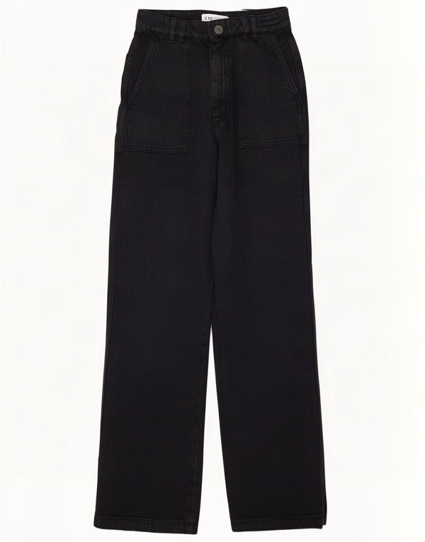 Zara Womens Loose Fit High Waist Trousers XS W24 L29 Navy Blue Cotton