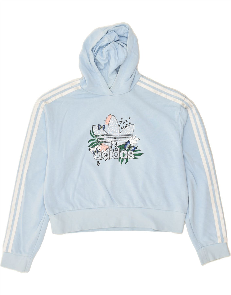 ADIDAS Girls Crop Graphic Hoodie Jumper 14-15 Years Blue Floral Cotton | Vintage Adidas | Thrift | Second-Hand Adidas | Used Clothing | Messina Hembry 