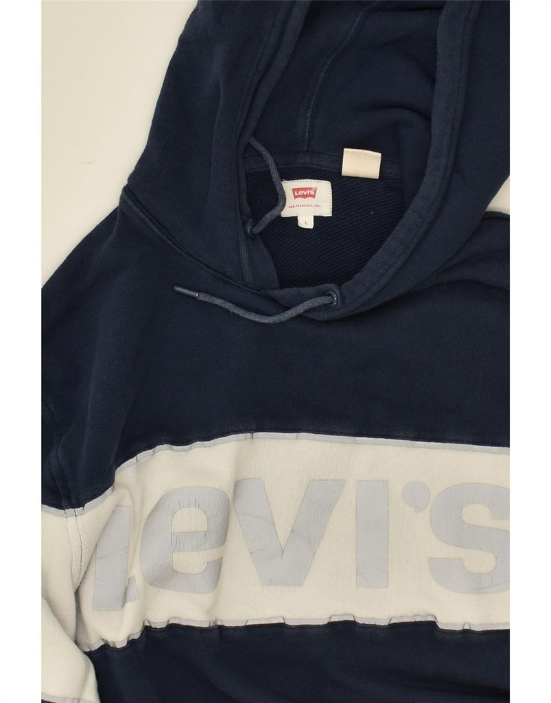 LEVI'S Mens Graphic Hoodie Jumper Large Navy Blue Colourblock Cotton | Vintage Levi's | Thrift | Second-Hand Levi's | Used Clothing | Messina Hembry 