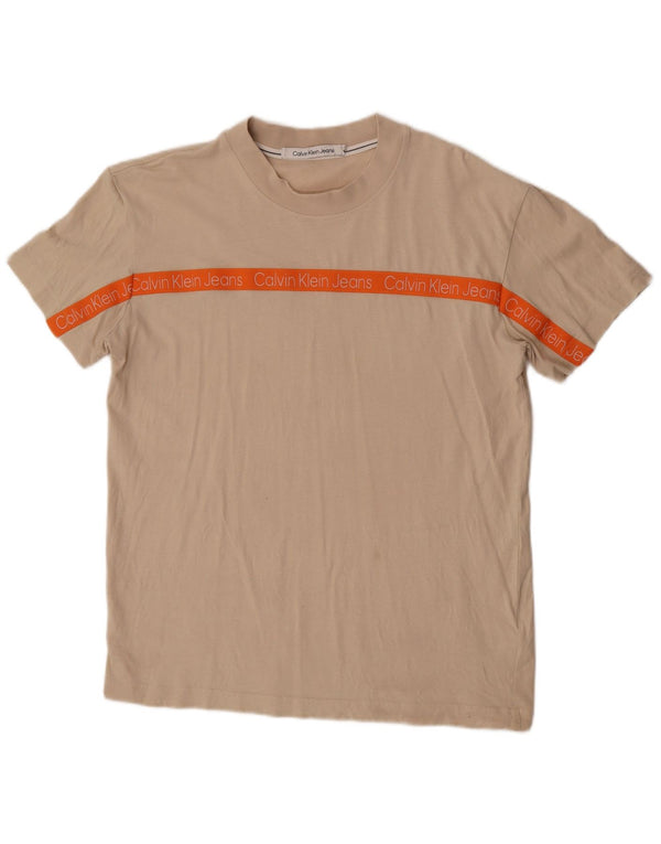Calvin Klein Jeans Mens Graphic T-Shirt Top Large Beige Colourblock Cotton