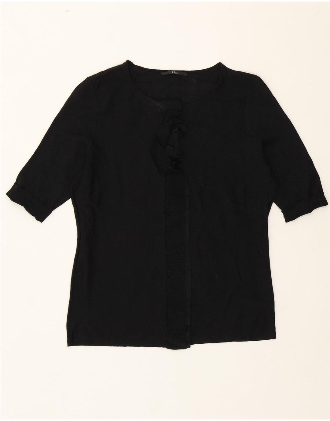 Hugo Boss Womens Ruffle Front Crew Neck Jumper Sweater UK 8 Small Black