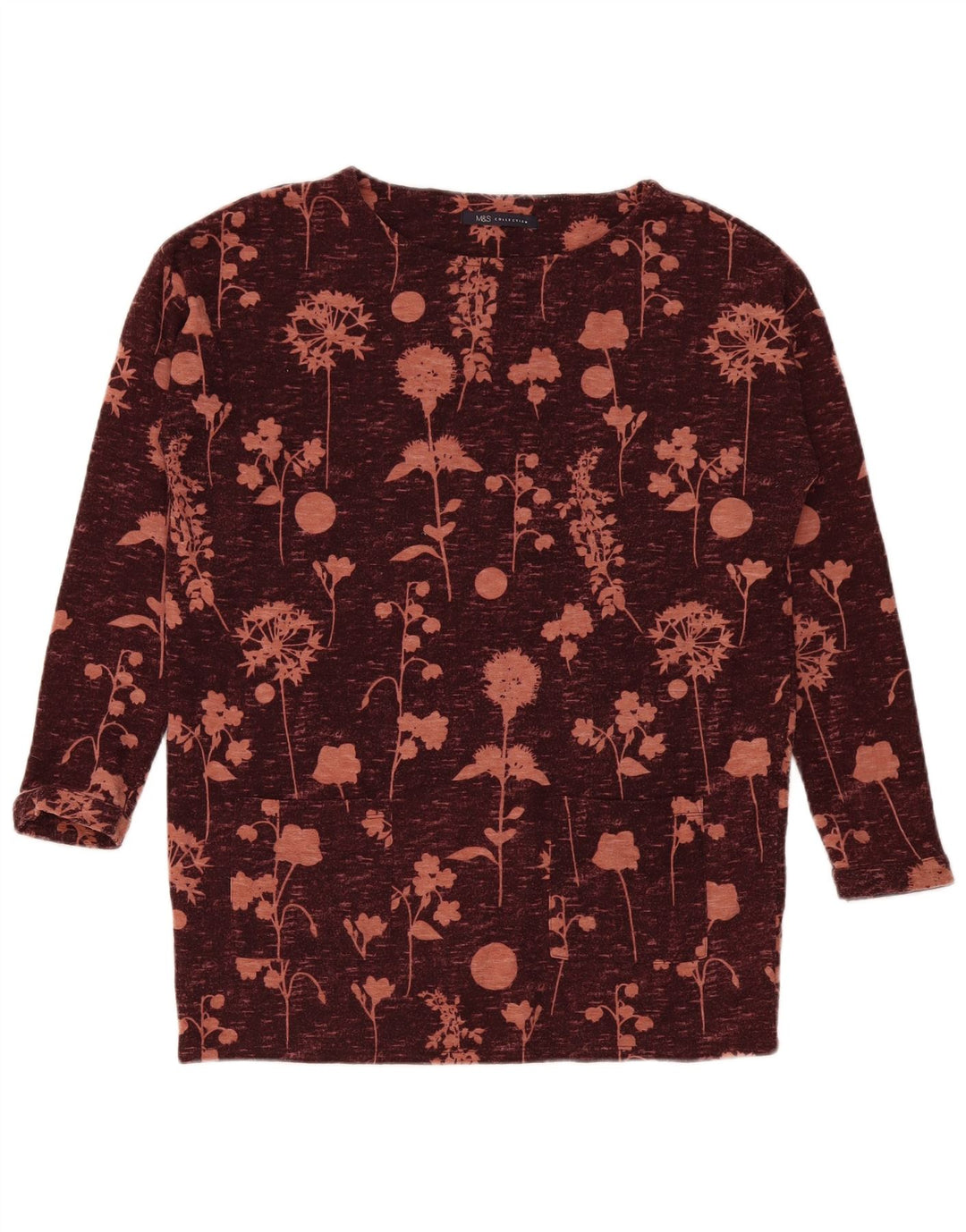 Marks & Spencer Womens Top Long Sleeve UK 12 Medium Burgundy Floral