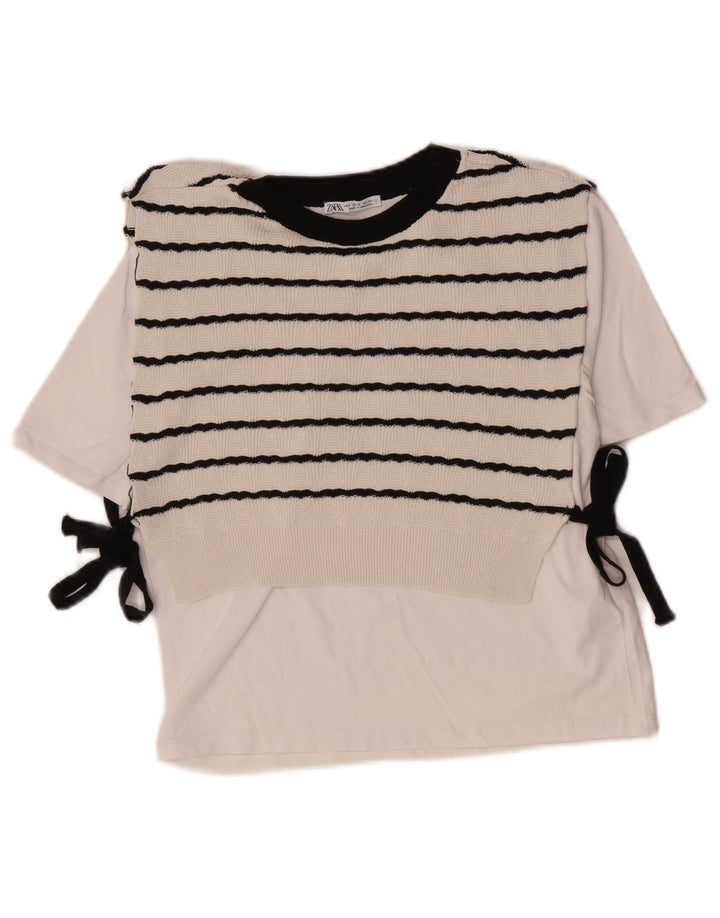 Zara Womens Crop Blouse Top UK 10 Small White Striped Cotton