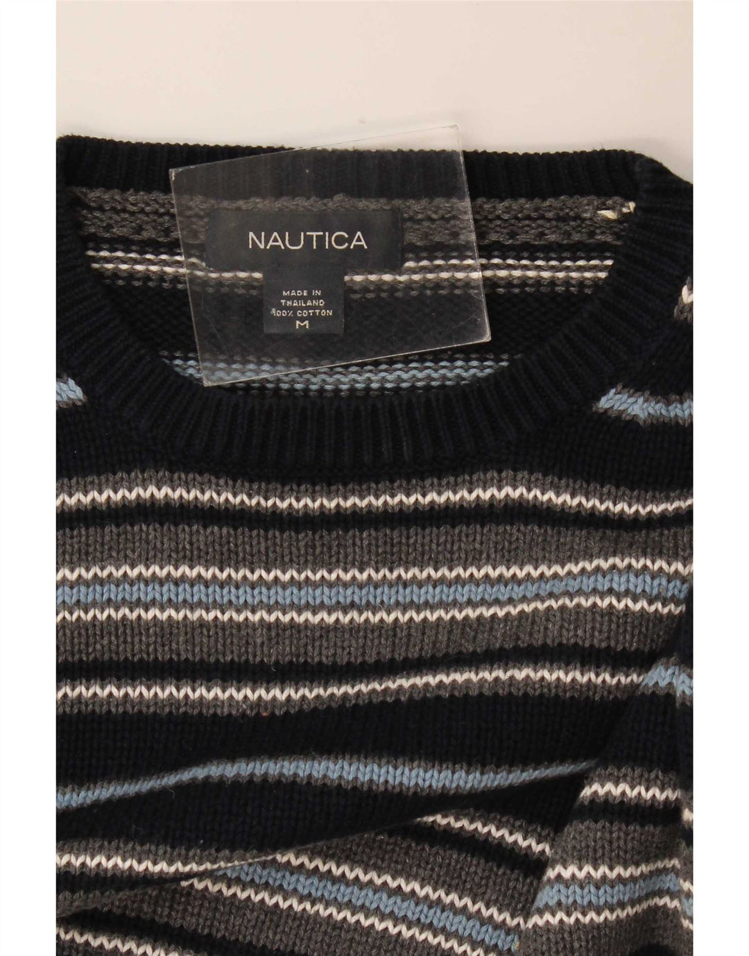Nautica Mens Crew Neck Jumper Sweater Medium Navy Blue Striped Cotton