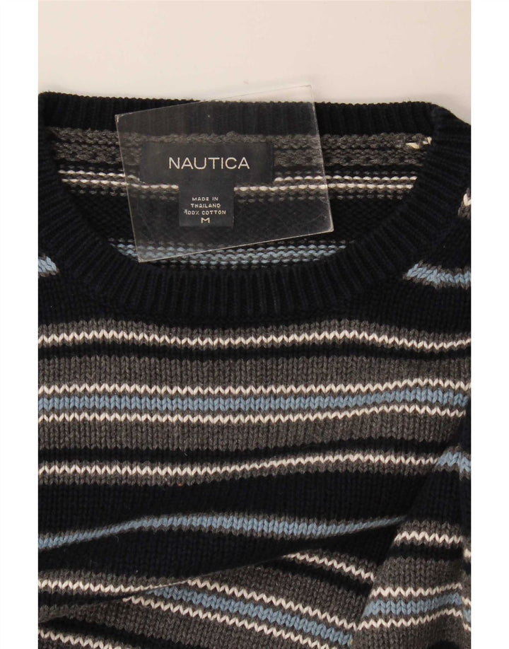 Nautica Mens Crew Neck Jumper Sweater Medium Navy Blue Striped Cotton