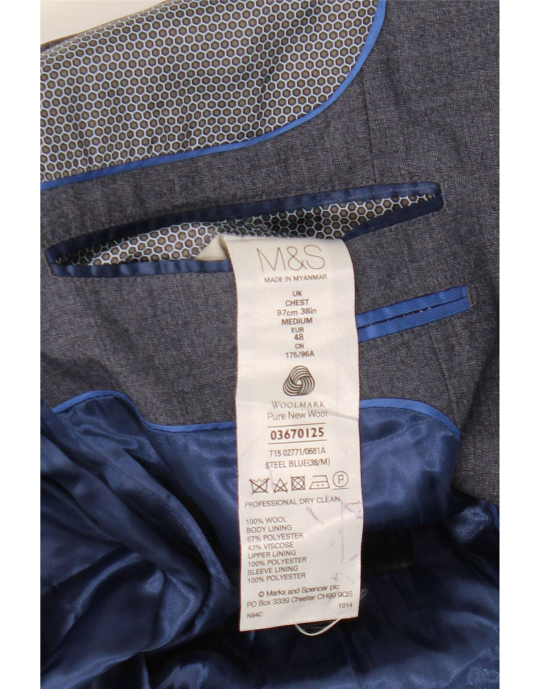 Marks & Spencer Mens 1 Button Blazer Jacket UK 38 Medium Blue Wool