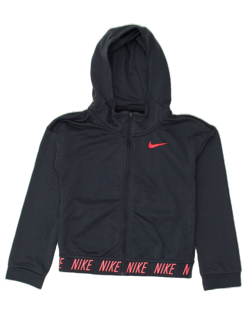 NIKE Girls Graphic Zip Hoodie Sweater 10-11 Years Medium Navy Blue | Vintage Nike | Thrift | Second-Hand Nike | Used Clothing | Messina Hembry 