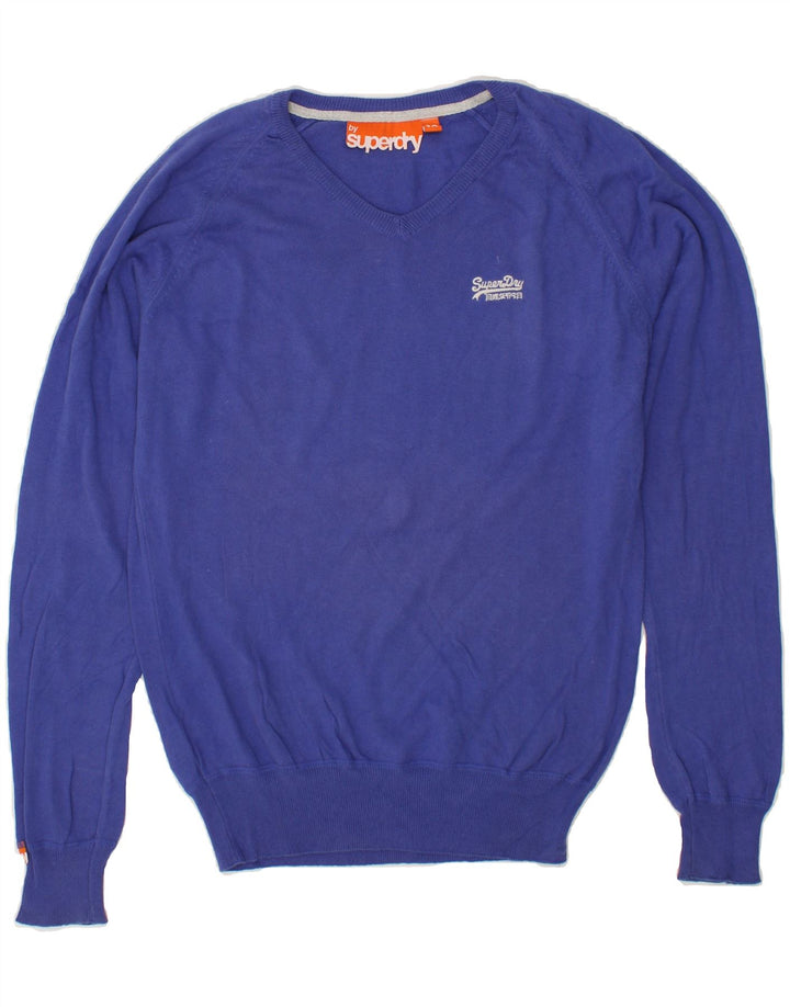 SUPERDRY Mens V-Neck Jumper Sweater Medium Blue Cotton Vintage Superdry and Second-Hand Superdry from Messina Hembry 