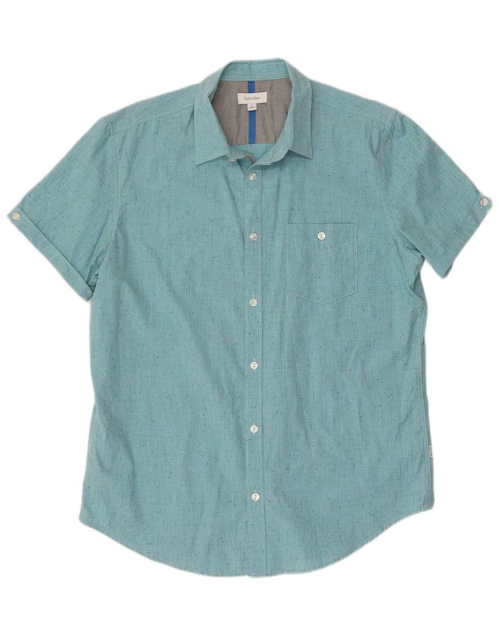 CALVIN KLEIN Mens Short Sleeve Shirt Medium Blue Flecked Cotton